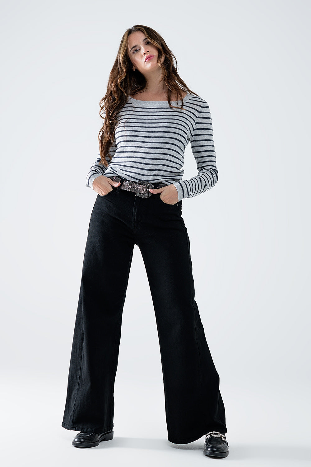 Grey Striped Fine Knit Sweater With Boat Neck