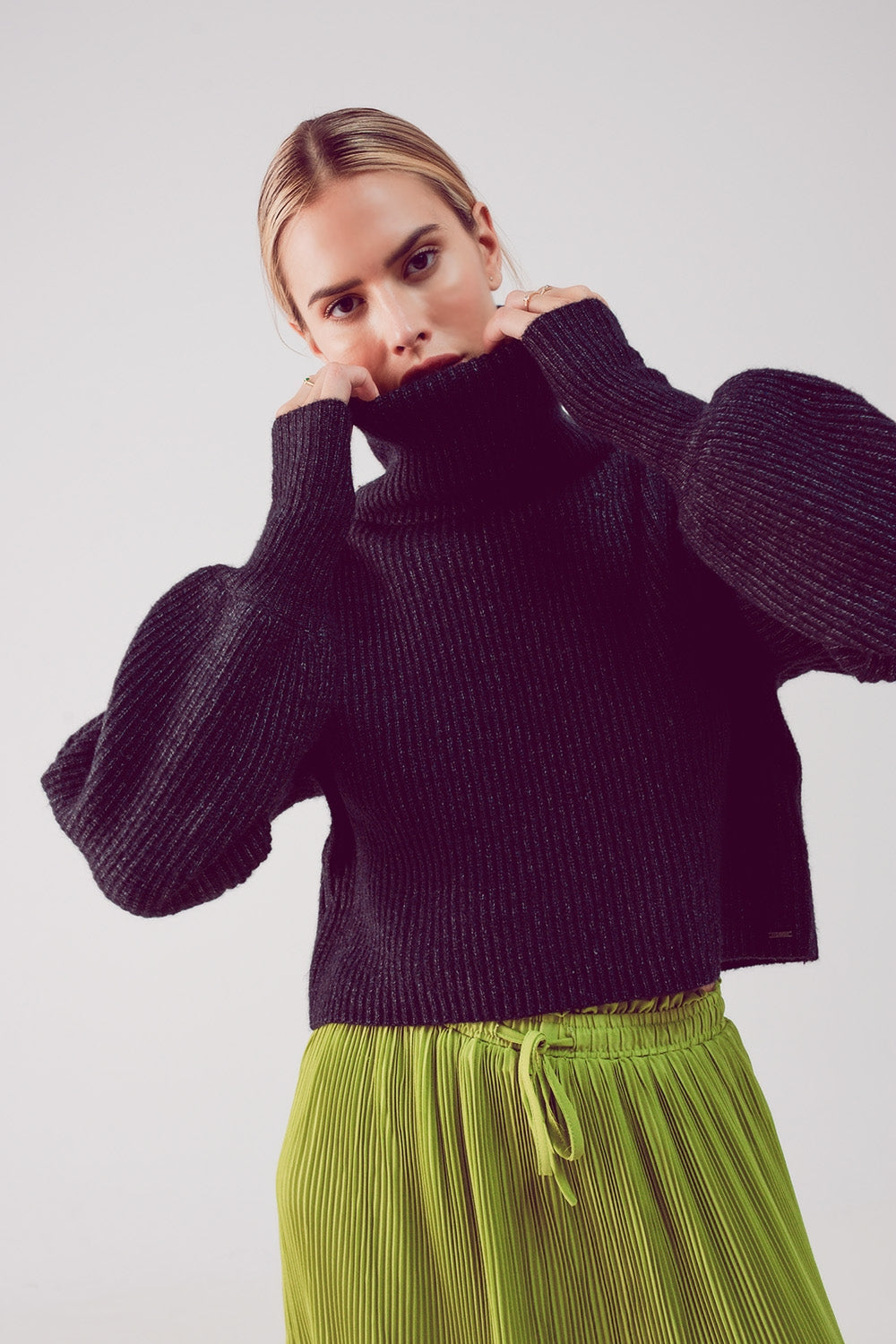 High Neck Jumper With Balloon Sleeve in Black