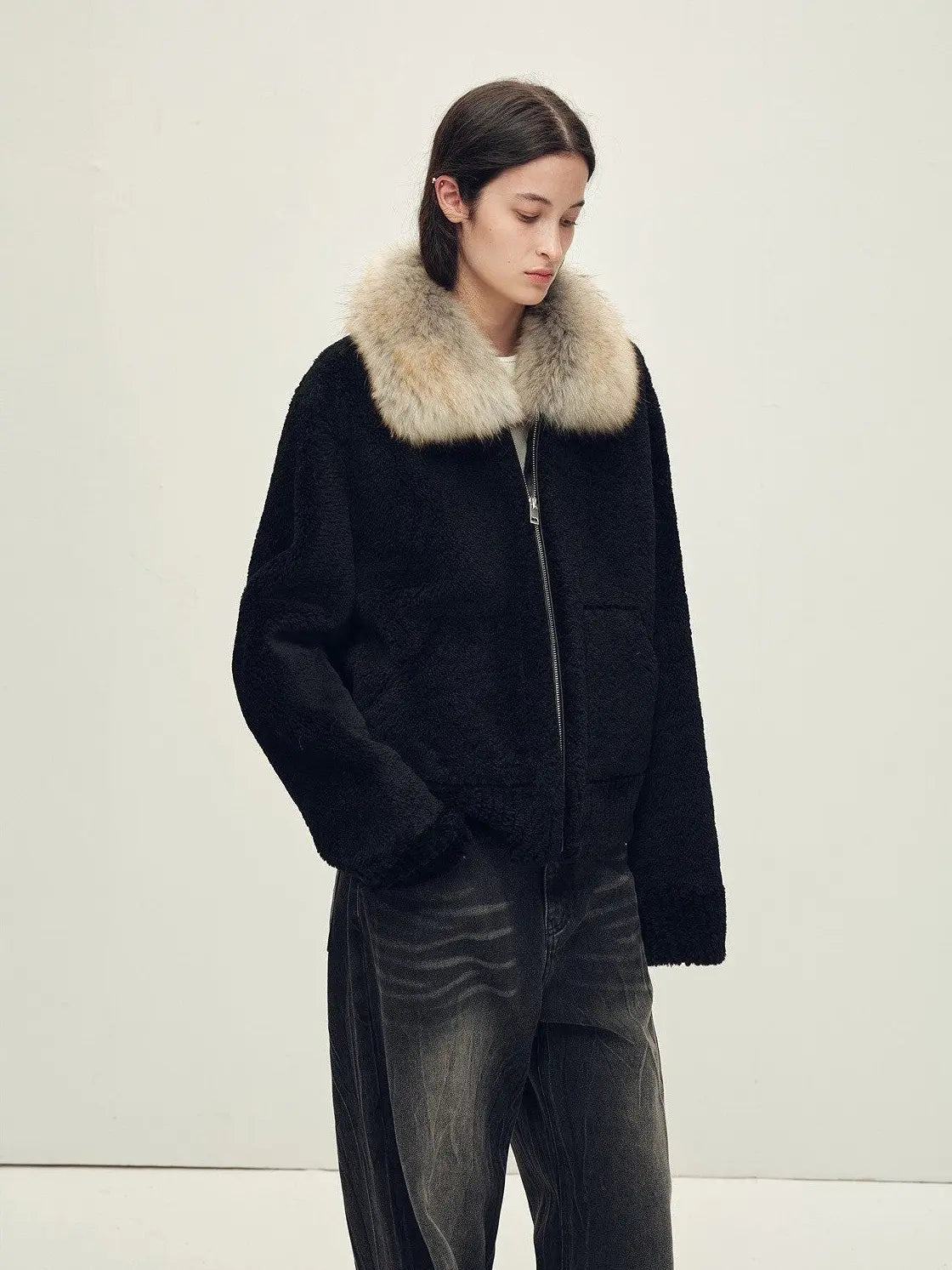 Firelady Fur Women's Merino Shearling Coat | Layered Patch-Dyed Raccoon Fur Collar“Hokkaido Melody”