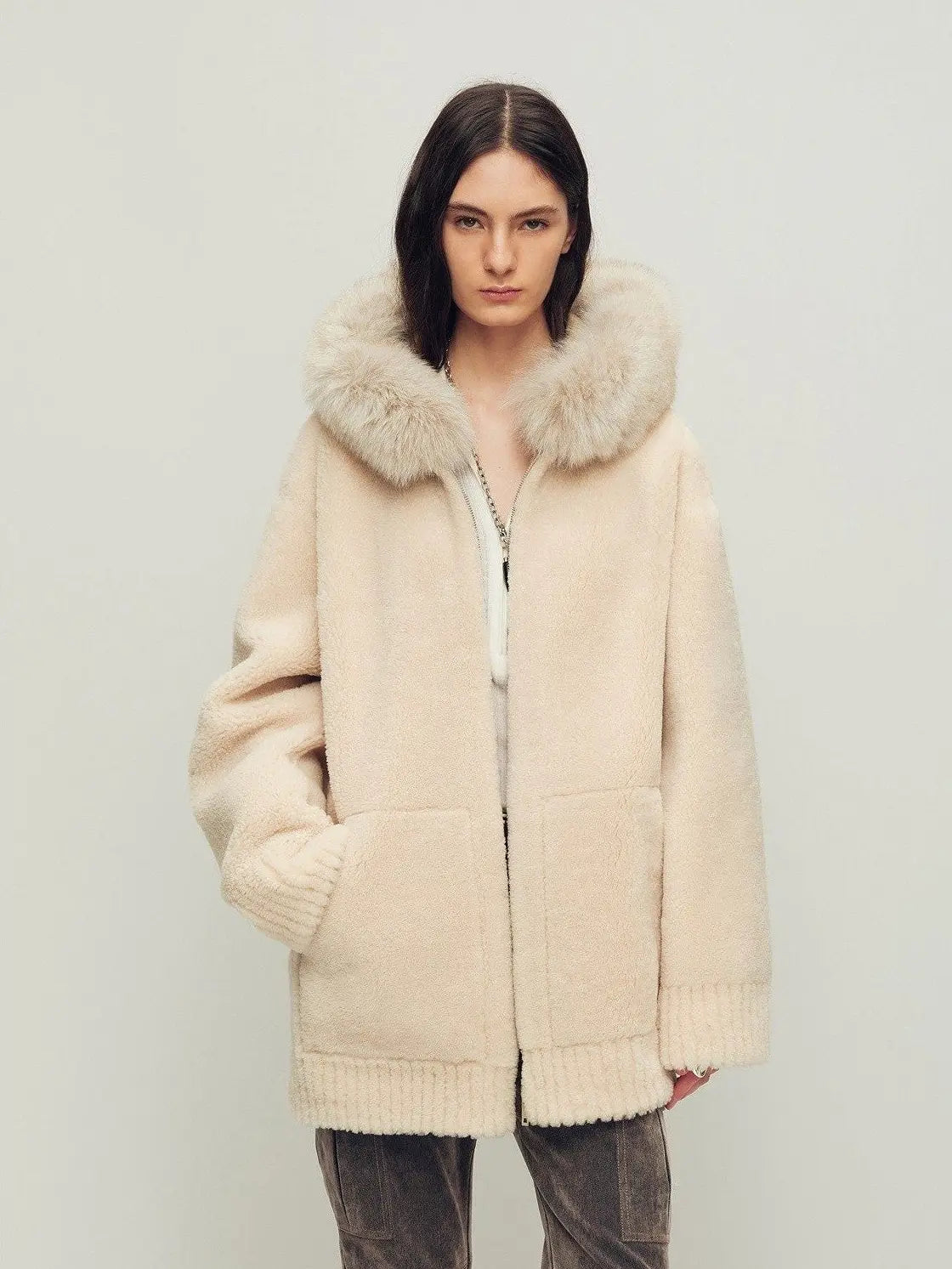 Firelady Fur Women's Merino Shearling Coat | Layered Patch-Dyed Raccoon Fur Collar“Hokkaido Melody”