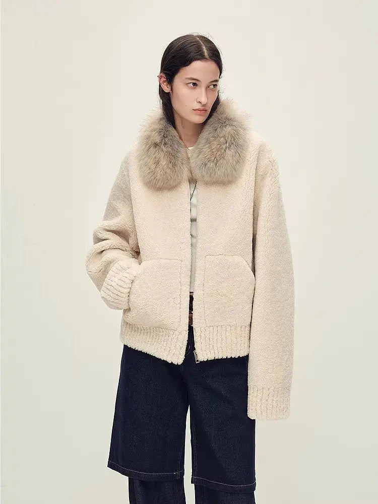 Firelady Fur Women's Merino Shearling Coat | Layered Patch-Dyed Raccoon Fur Collar“Hokkaido Melody”
