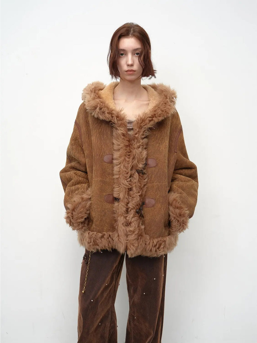 Fireladyfur Women's Shearling Coat - Drop Shoulder Hooded Merino Wool Winter Jacket