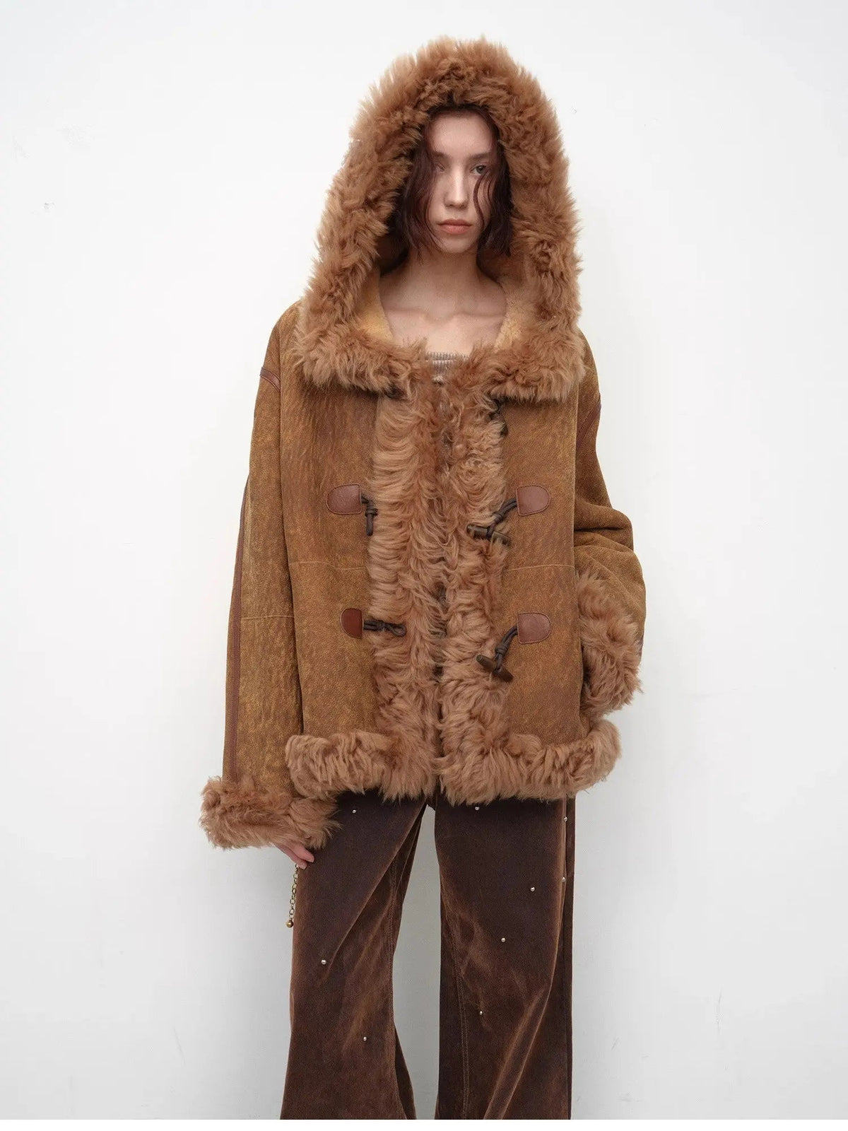Fireladyfur Women's Shearling Coat - Drop Shoulder Hooded Merino Wool Winter Jacket
