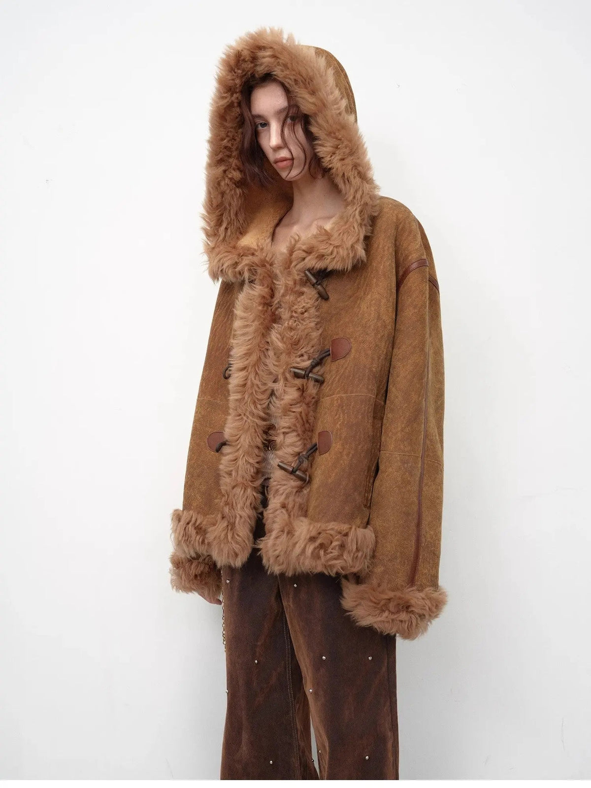 Fireladyfur Women's Shearling Coat - Drop Shoulder Hooded Merino Wool Winter Jacket