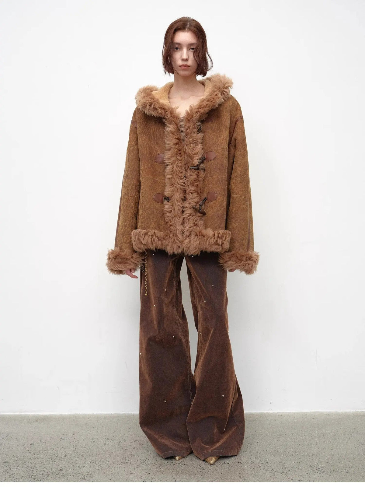 Fireladyfur Women's Shearling Coat - Drop Shoulder Hooded Merino Wool Winter Jacket