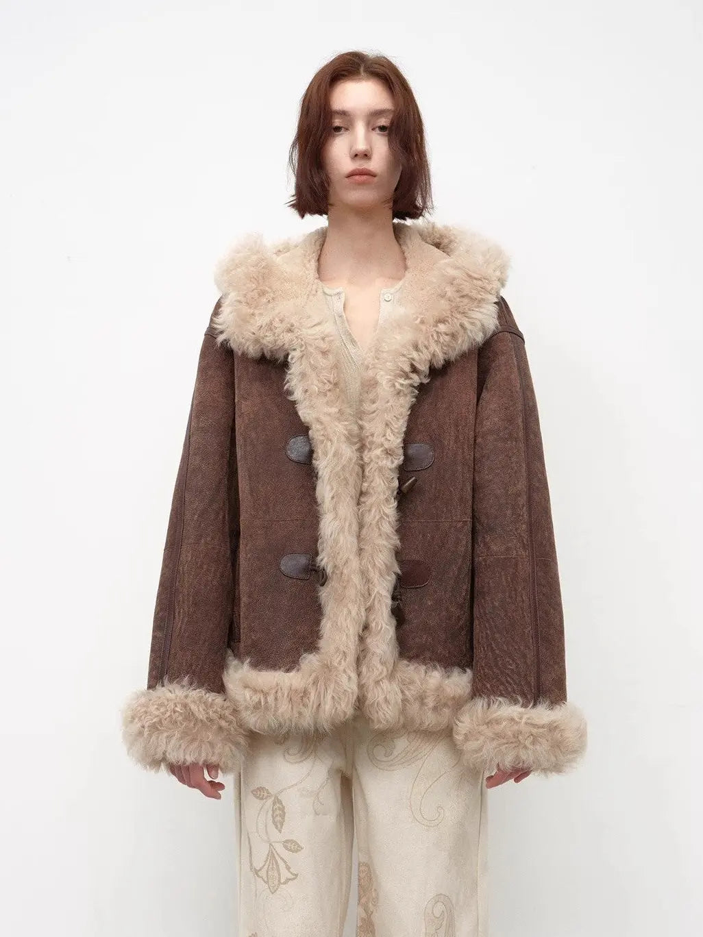Fireladyfur Women's Shearling Coat - Drop Shoulder Hooded Merino Wool Winter Jacket