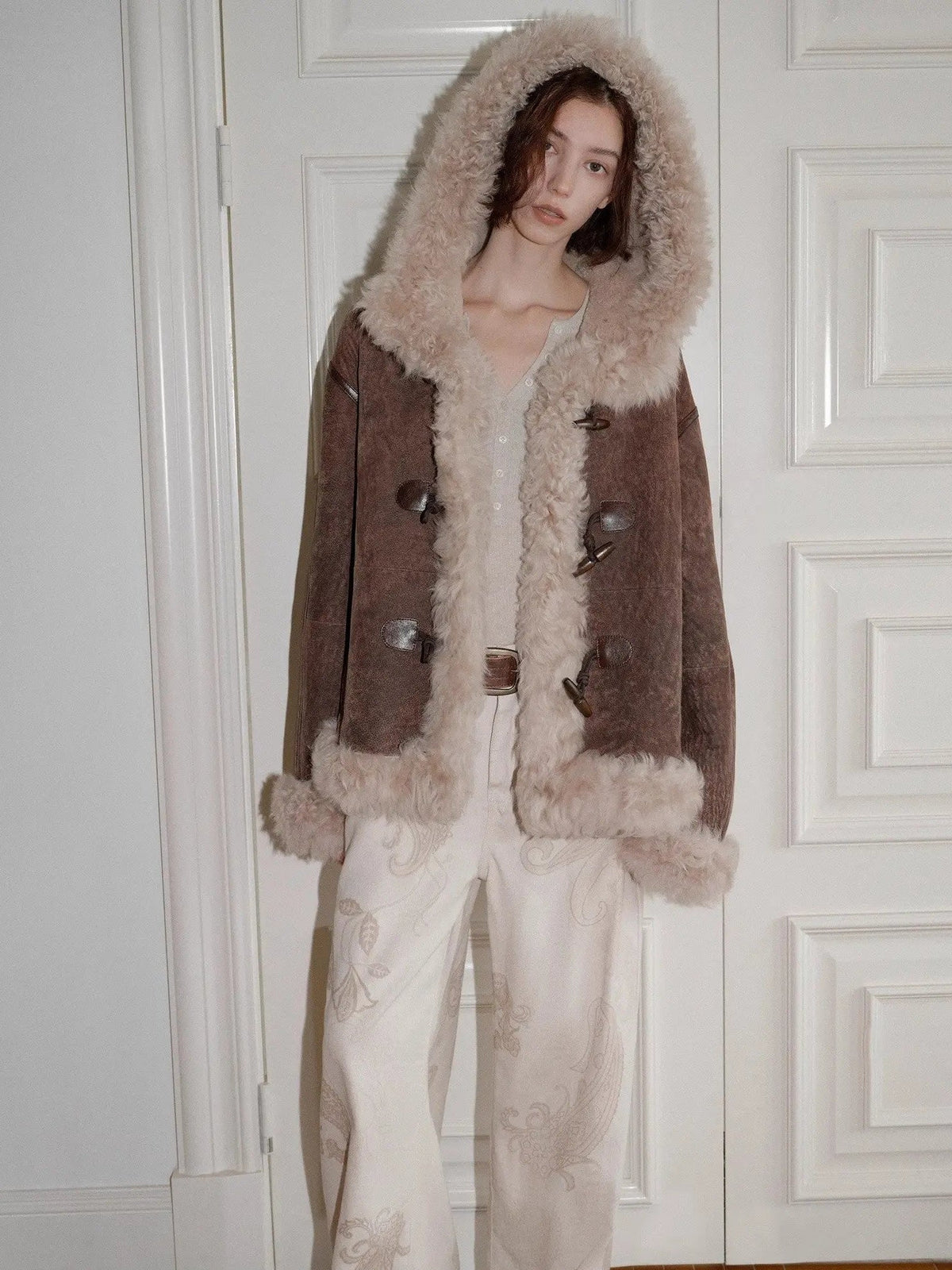 Fireladyfur Women's Shearling Coat - Drop Shoulder Hooded Merino Wool Winter Jacket