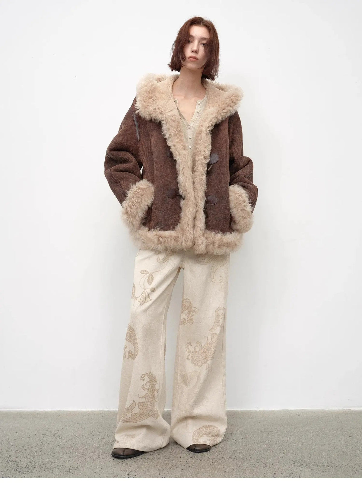 Fireladyfur Women's Shearling Coat - Drop Shoulder Hooded Merino Wool Winter Jacket