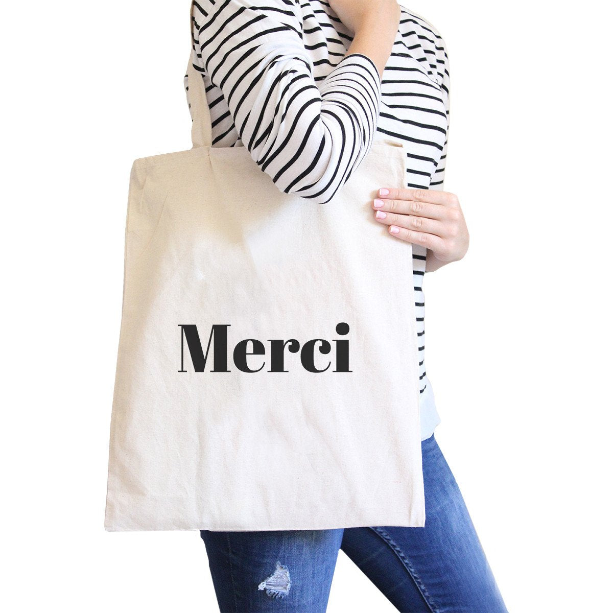 Merci Natural Canvas Bag Cute and Simple Shoulder Bags Gift for Her