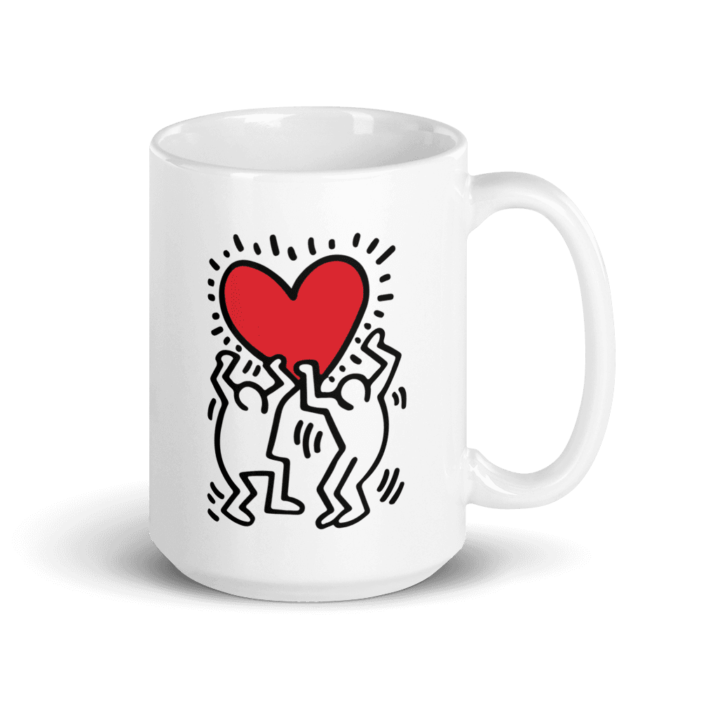 Taza de arte callejero con icono de hombre sosteniendo un corazón