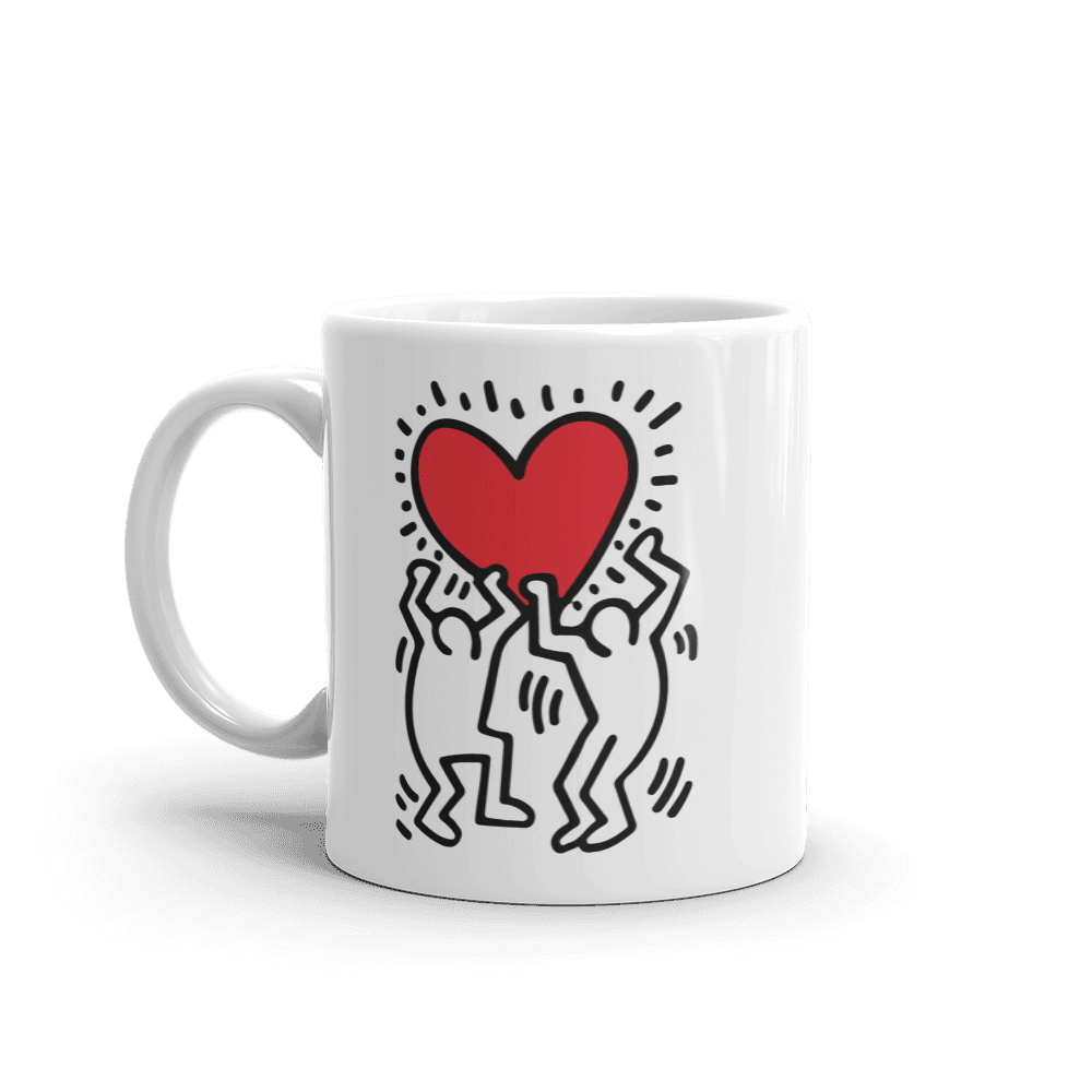 Taza de arte callejero con icono de hombre sosteniendo un corazón