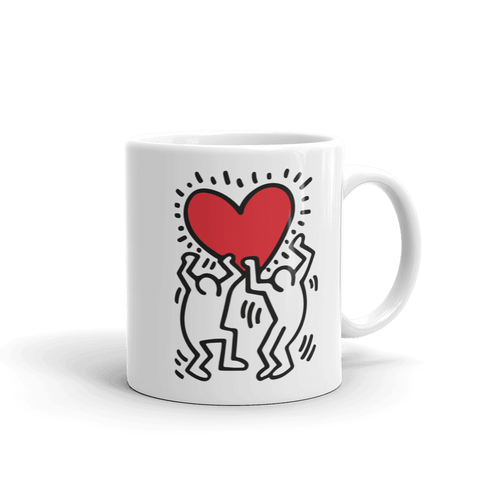 Taza de arte callejero con icono de hombre sosteniendo un corazón