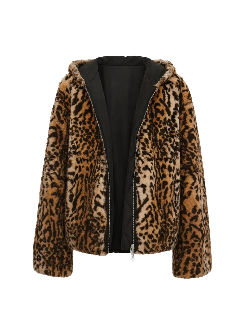 Abrigo de piel de conejo personalizado con capucha, de hombros caídos y reversible, con estampado de manchas de leopardo "Leopard Fantasy"