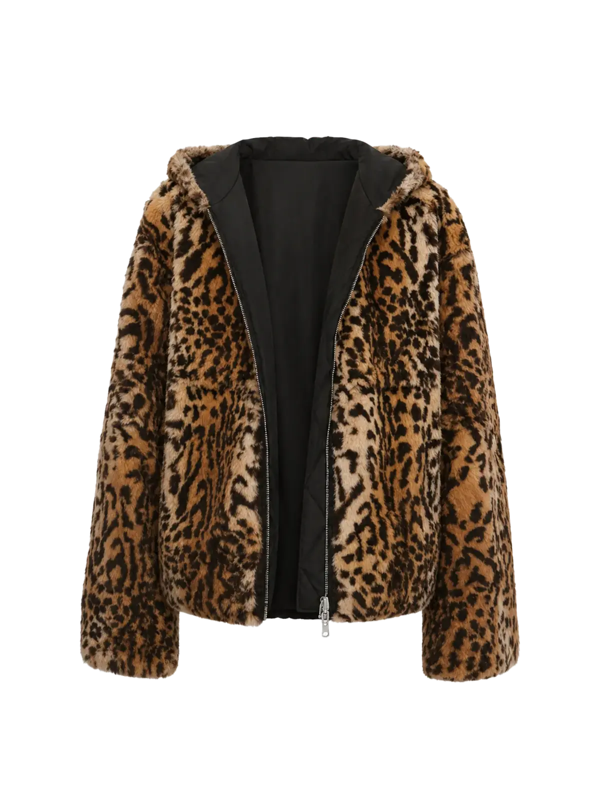 Abrigo de piel de conejo personalizado con capucha, de hombros caídos y reversible, con estampado de manchas de leopardo "Leopard Fantasy"