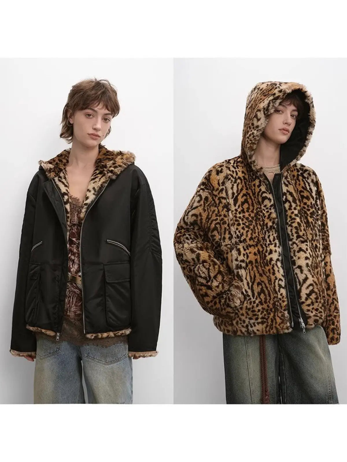 Dwustronny futrzany płaszcz z królika „Leopard Fantasy” w cętki z obniżoną linią ramion i kapturem, wykonany na zamówienie