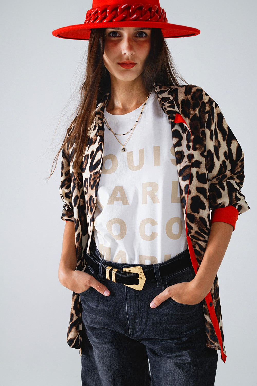 Leopard Shirt WIth Red Button Placket and Red Sleeves Detail