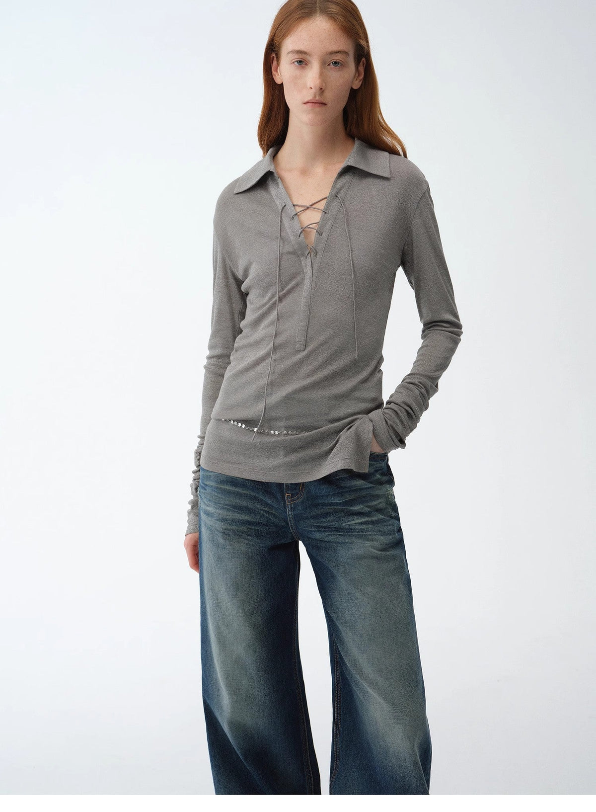 Light Luxury Silver Silk Knitted Slightly Transparent Tie Lapel Slim Drape Long Sleeve Knitted Top"Eiffel"