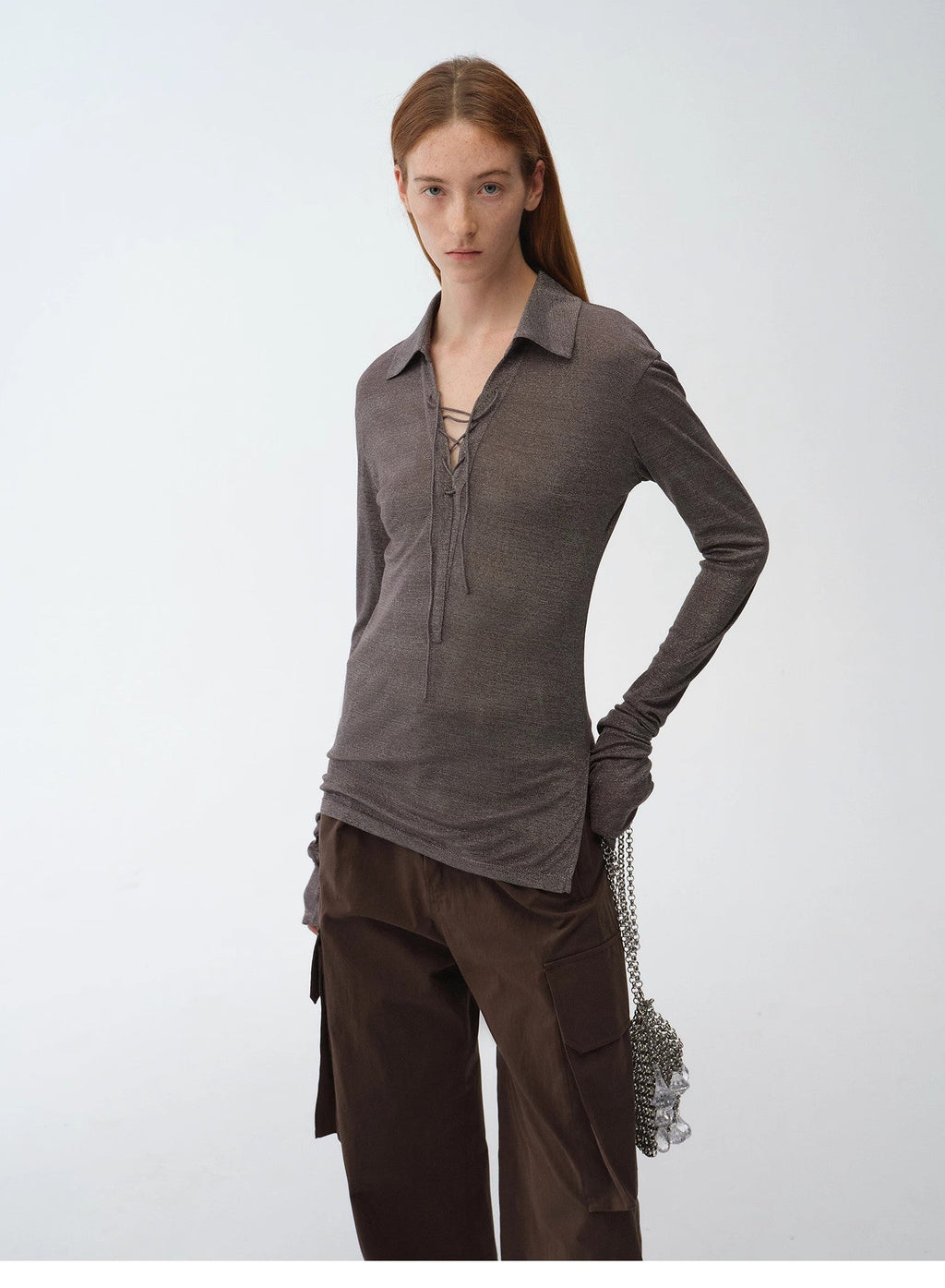 Light Luxury Silver Silk Knitted Slightly Transparent Tie Lapel Slim Drape Long Sleeve Knitted Top"Eiffel"