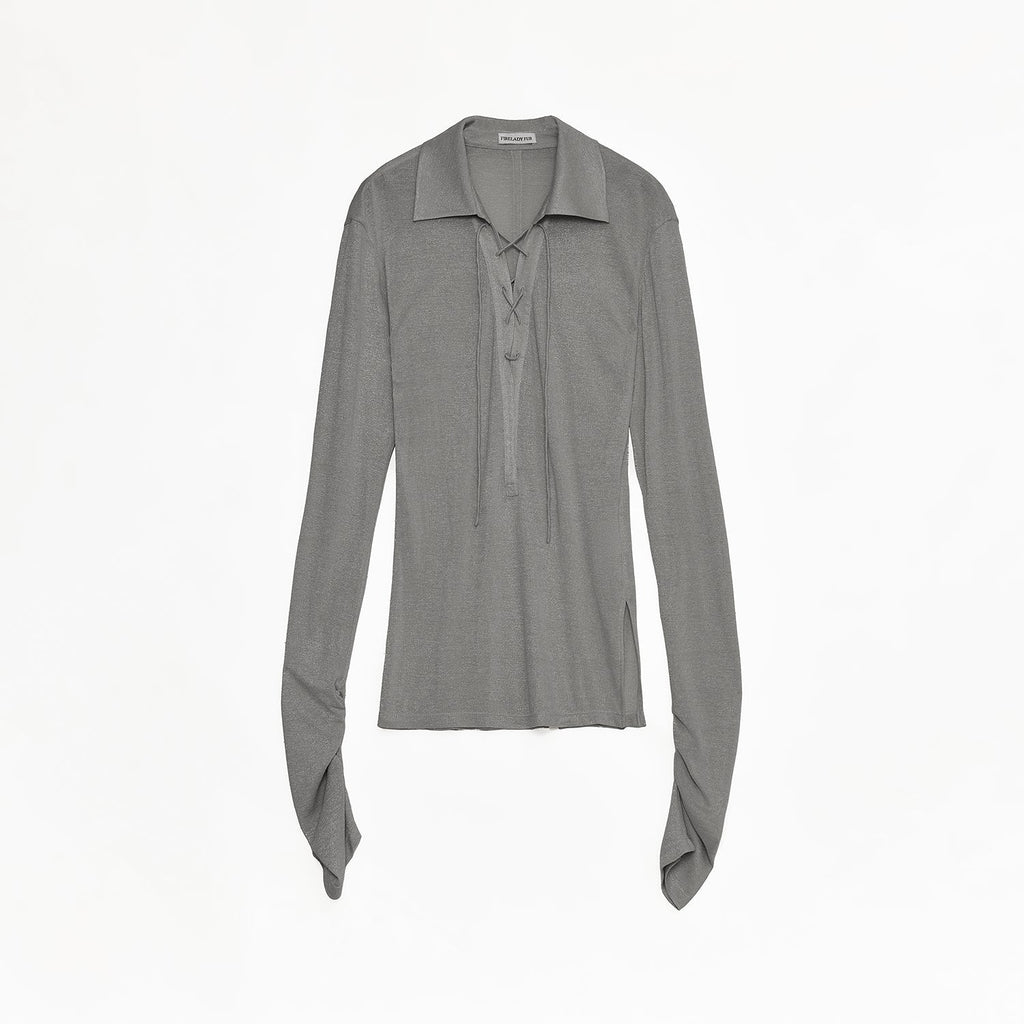 Light Luxury Silver Silk Knitted Slightly Transparent Tie Lapel Slim Drape Long Sleeve Knitted Top"Eiffel"
