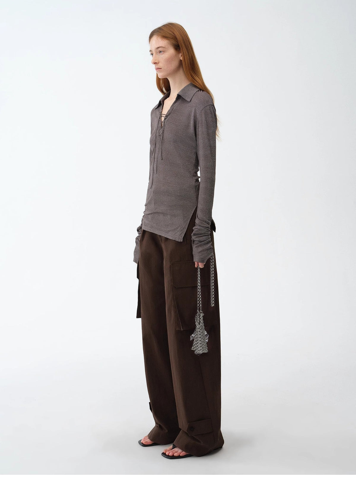 Light Luxury Silver Silk Knitted Slightly Transparent Tie Lapel Slim Drape Long Sleeve Knitted Top"Eiffel"