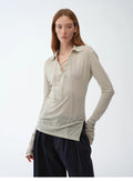 Light Luxury Silver Silk Knitted Slightly Transparent Tie Lapel Slim Drape Long Sleeve Knitted Top"Eiffel"