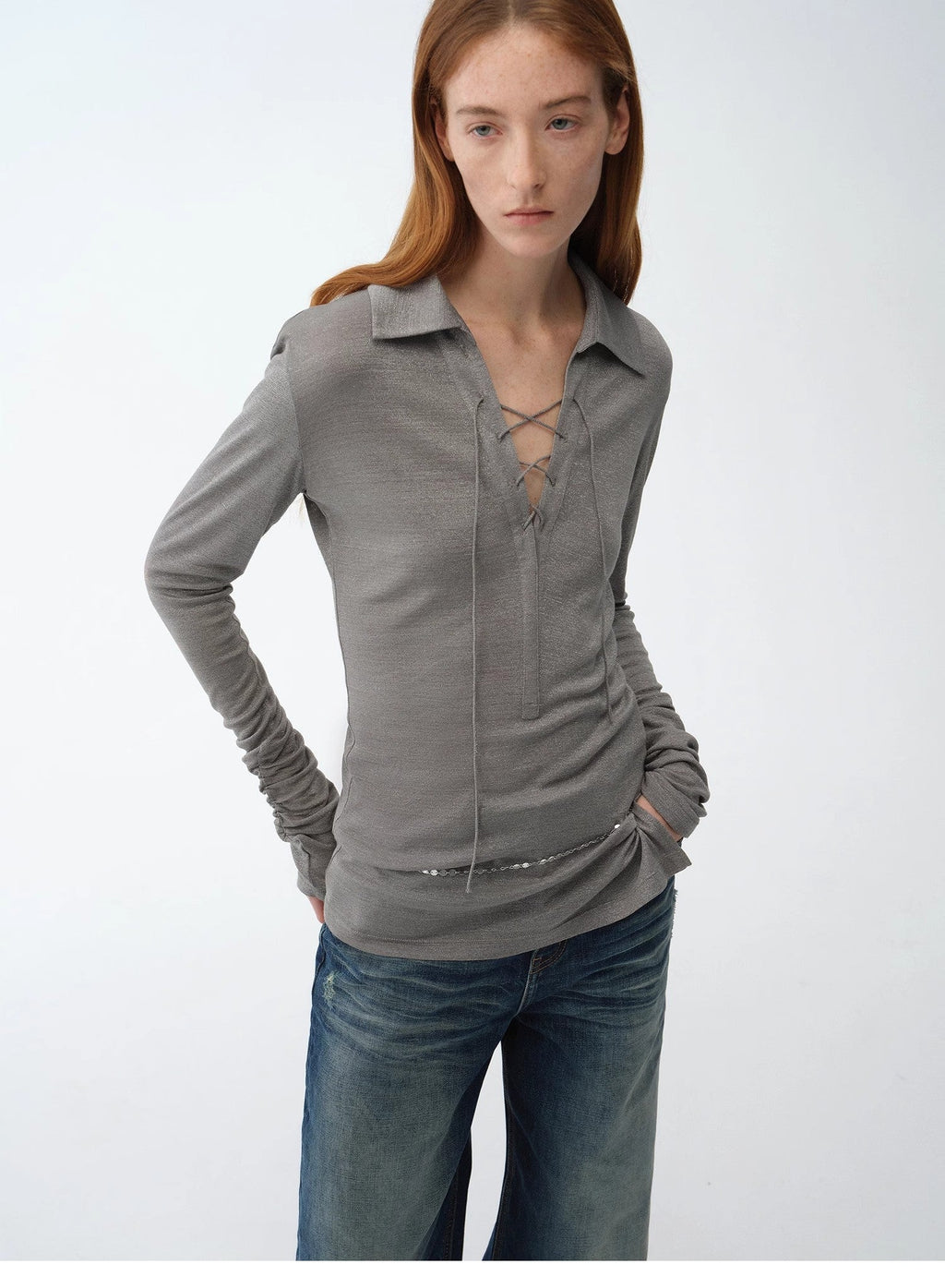Light Luxury Silver Silk Knitted Slightly Transparent Tie Lapel Slim Drape Long Sleeve Knitted Top"Eiffel"