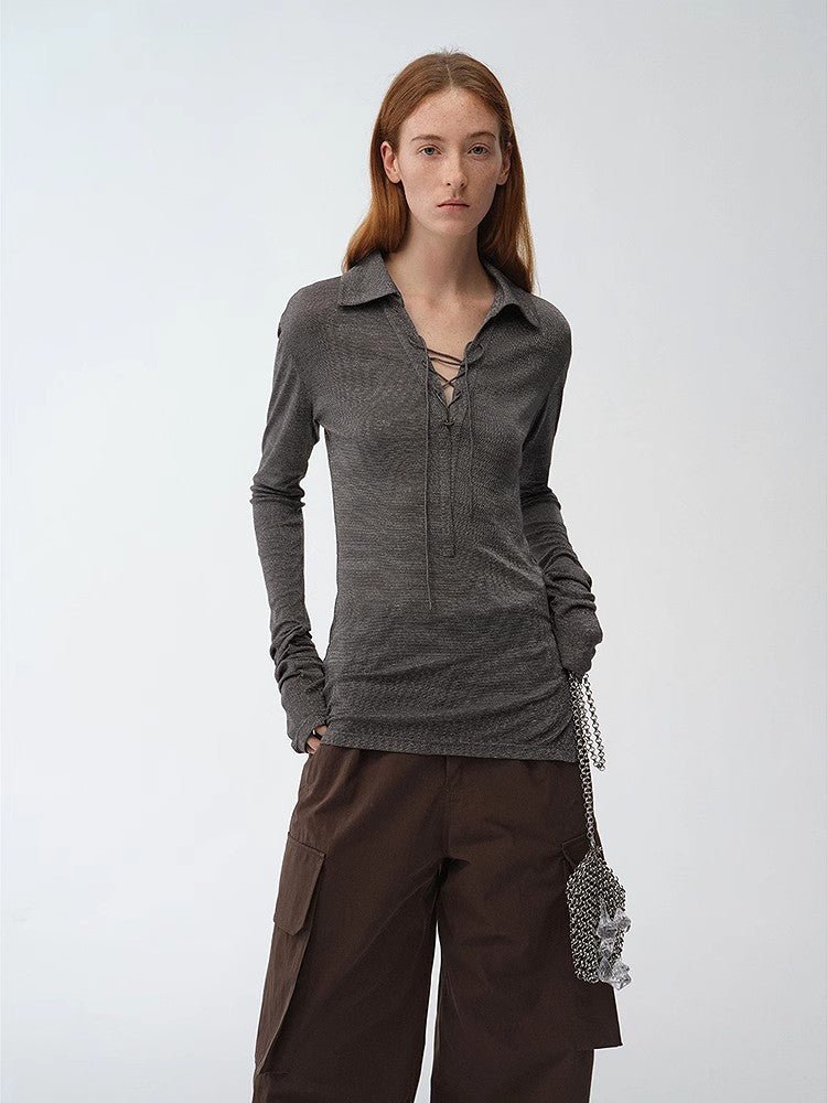 Light Luxury Silver Silk Knitted Slightly Transparent Tie Lapel Slim Drape Long Sleeve Knitted Top"Eiffel"