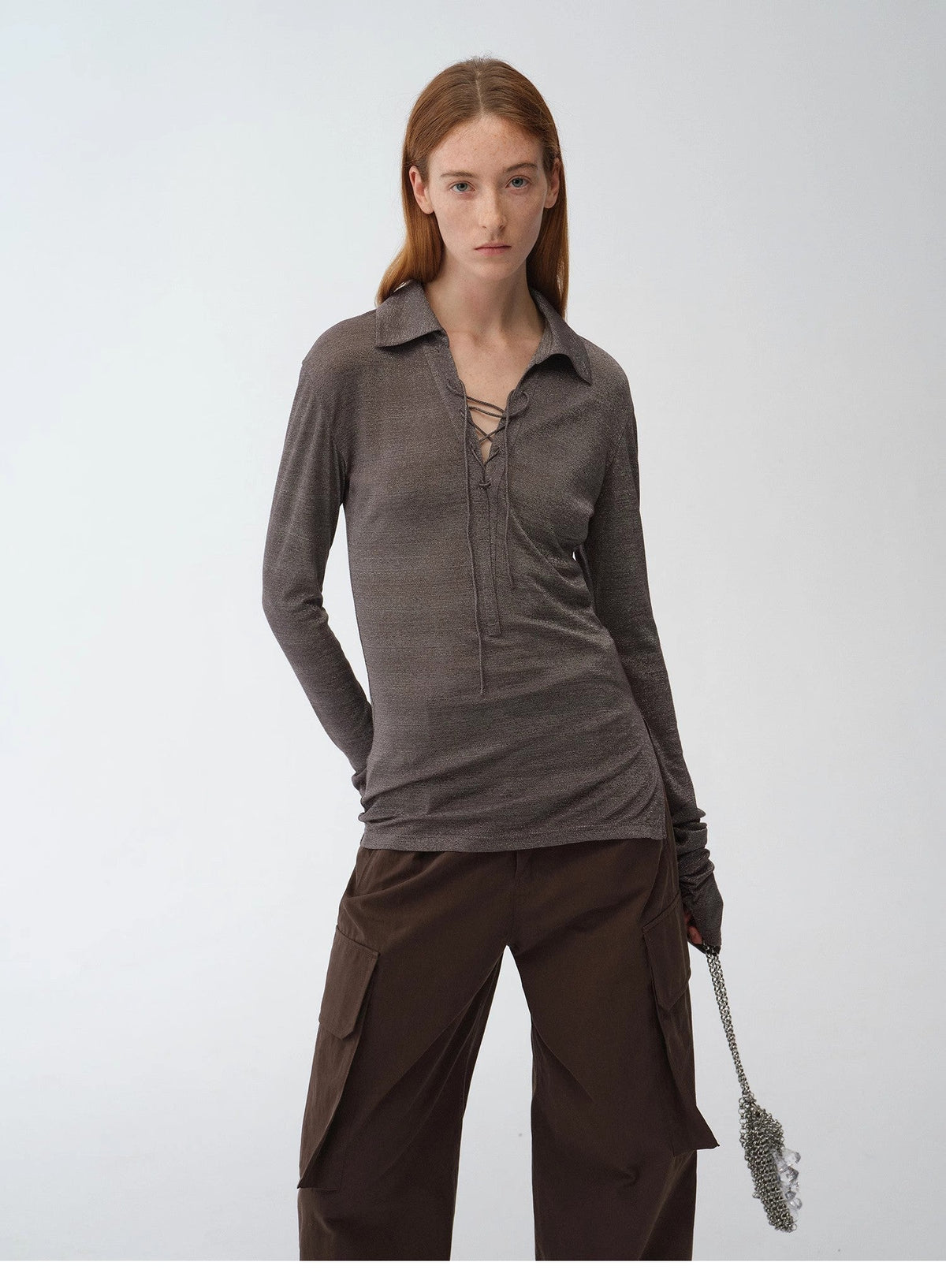 Light Luxury Silver Silk Knitted Slightly Transparent Tie Lapel Slim Drape Long Sleeve Knitted Top"Eiffel"