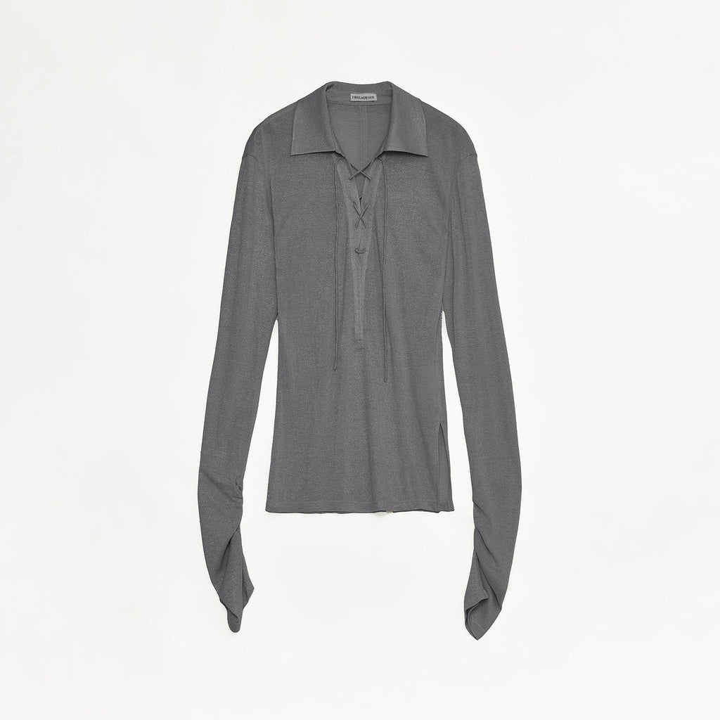 Light Luxury Silver Silk Knitted Slightly Transparent Tie Lapel Slim Drape Long Sleeve Knitted Top"Eiffel"