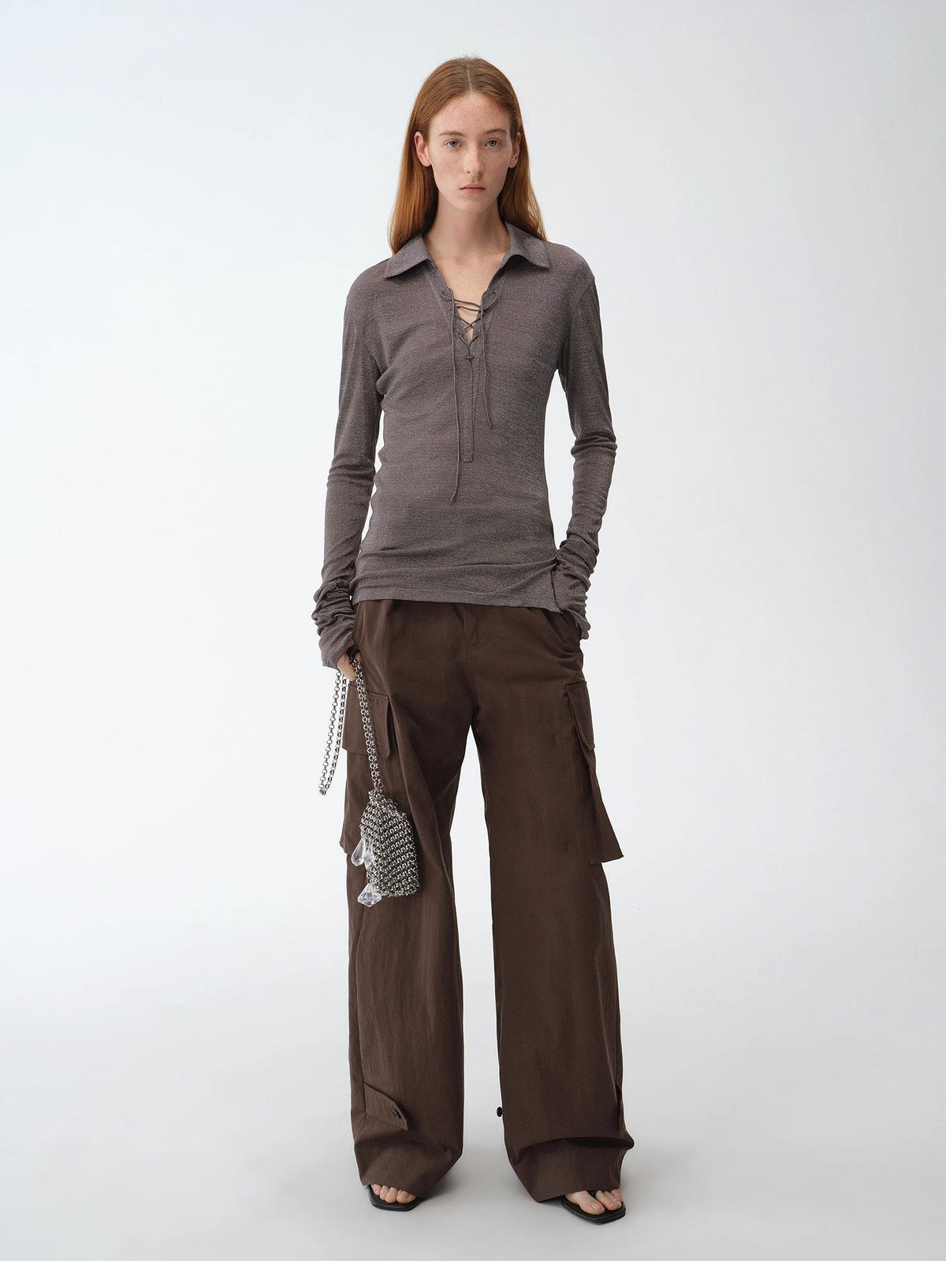 Light Luxury Silver Silk Knitted Slightly Transparent Tie Lapel Slim Drape Long Sleeve Knitted Top"Eiffel"