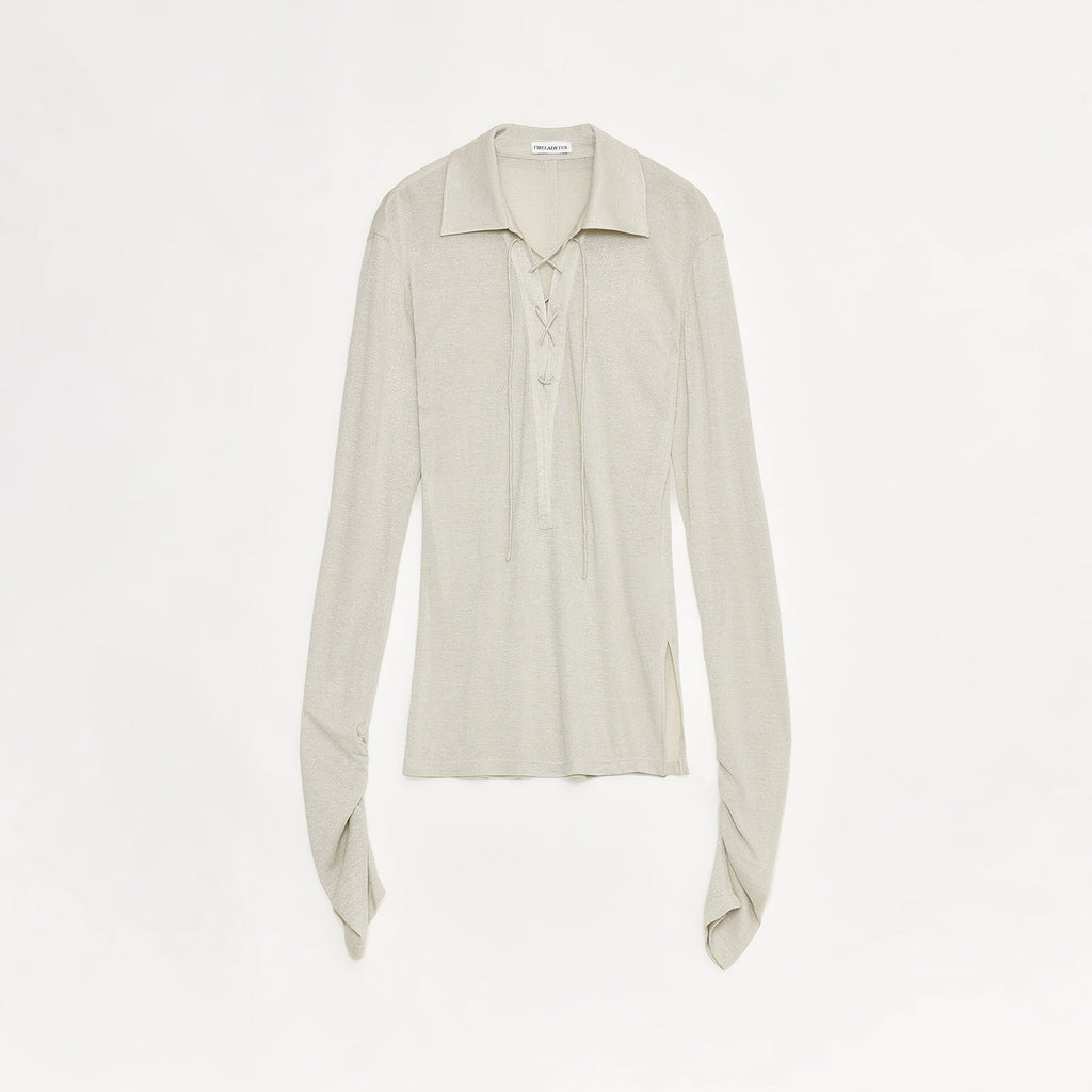 Light Luxury Silver Silk Knitted Slightly Transparent Tie Lapel Slim Drape Long Sleeve Knitted Top"Eiffel"