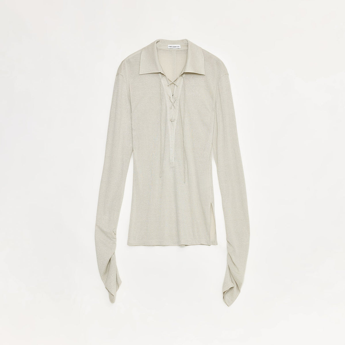 Light Luxury Silver Silk Knitted Slightly Transparent Tie Lapel Slim Drape Long Sleeve Knitted Top"Eiffel"