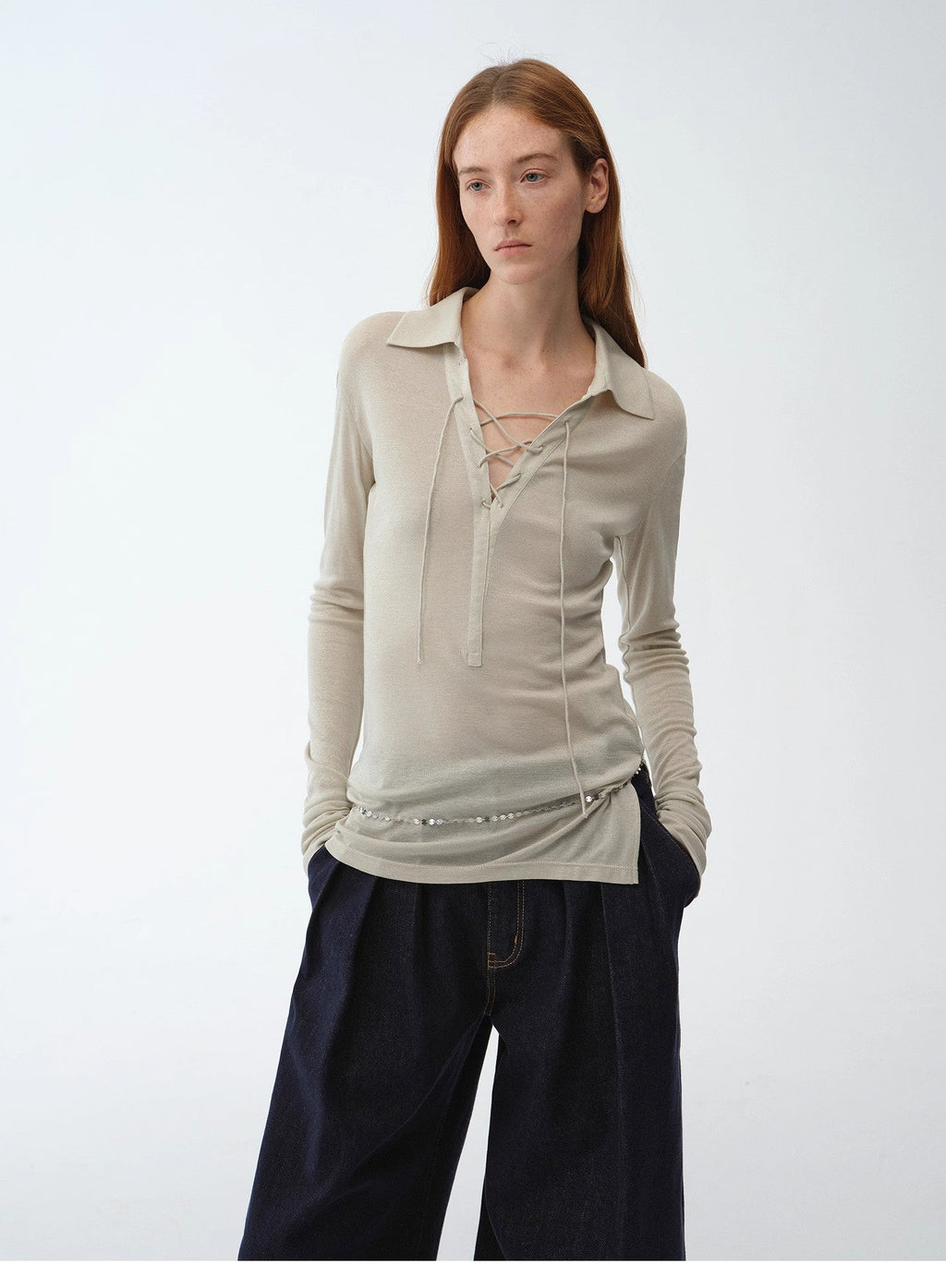 Light Luxury Silver Silk Knitted Slightly Transparent Tie Lapel Slim Drape Long Sleeve Knitted Top"Eiffel"