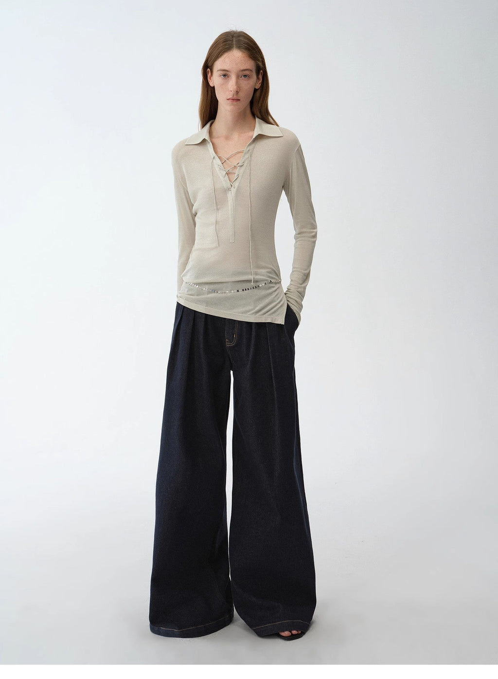 Light Luxury Silver Silk Knitted Slightly Transparent Tie Lapel Slim Drape Long Sleeve Knitted Top"Eiffel"