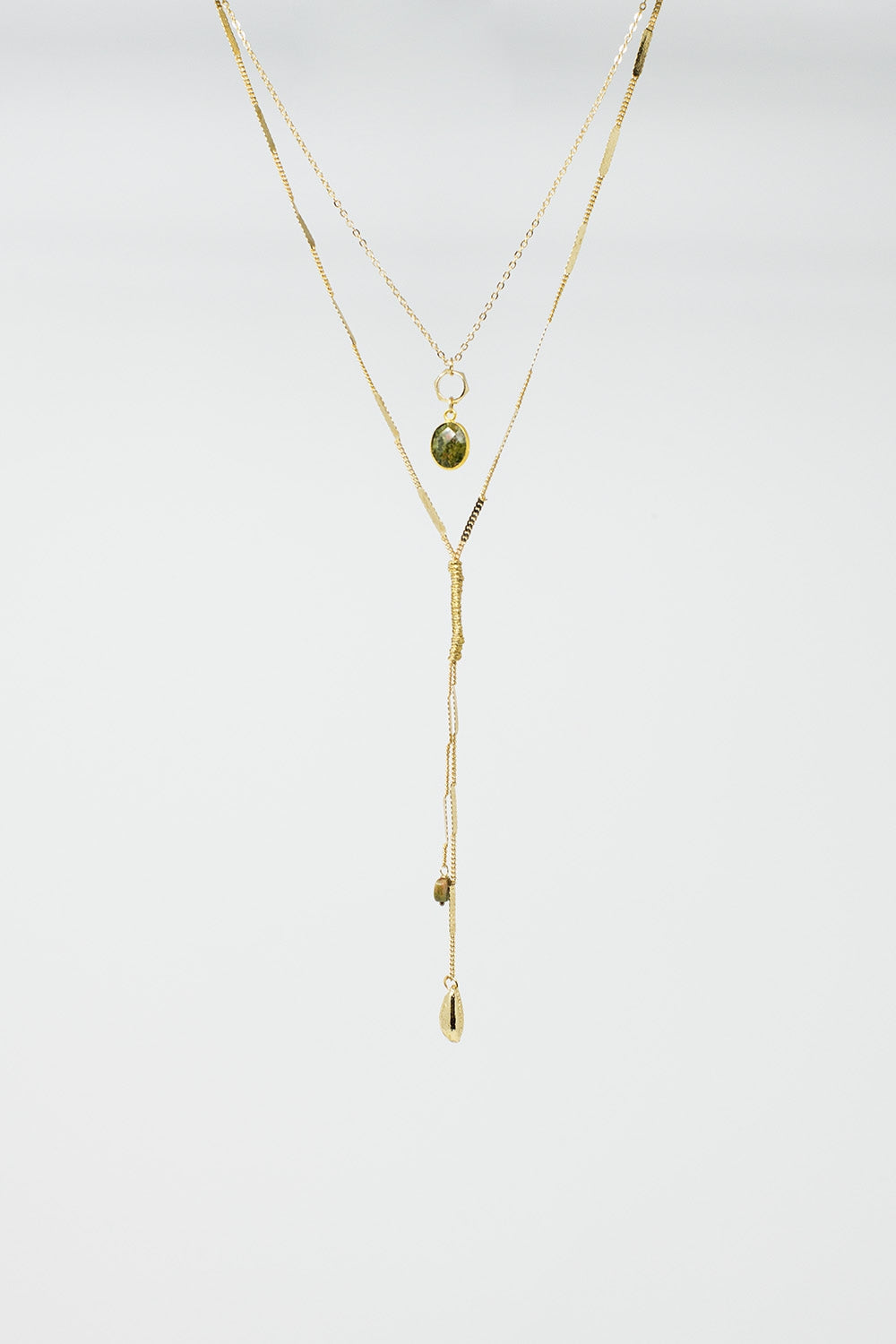 Long 2 in 1 Golden Necklace With Green and Golden Stones