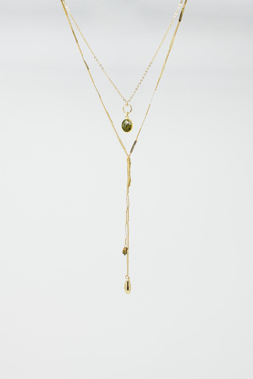 Long 2 in 1 Golden Necklace With Green and Golden Stones