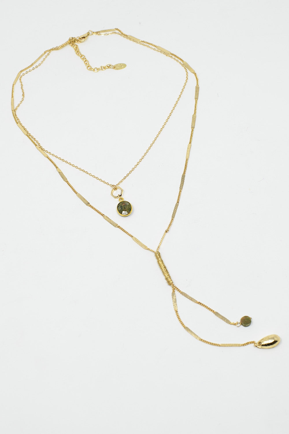 Long 2 in 1 Golden Necklace With Green and Golden Stones