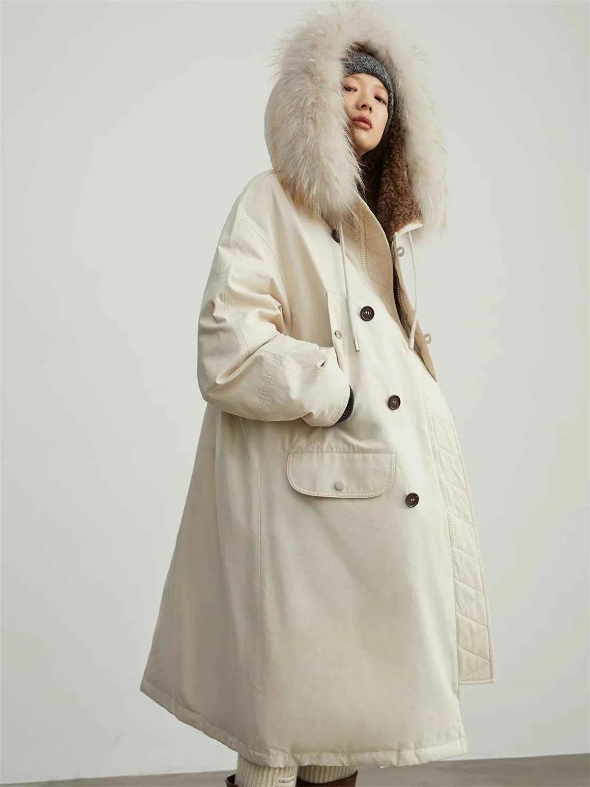 Fireladyfur Women’s Hooded Down Raccoon Fur Collar Parka Cold Weather“Manchester City Old Story”
