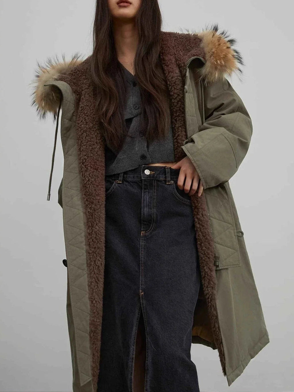 Fireladyfur Women’s Hooded Down Raccoon Fur Collar Parka Cold Weather“Manchester City Old Story”