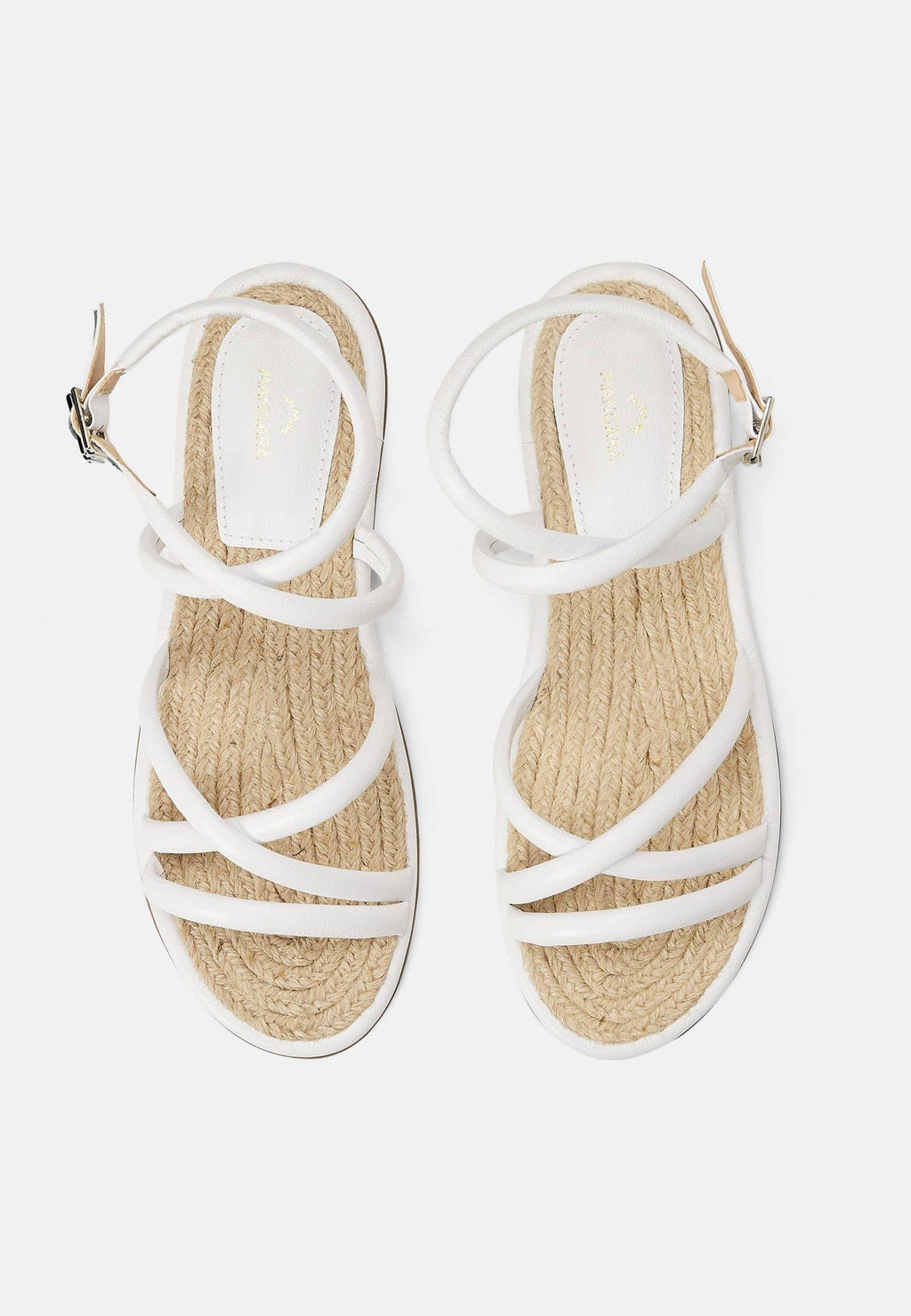 Angico White Leather Strappy Sandals – Flat, Raffia Footbed