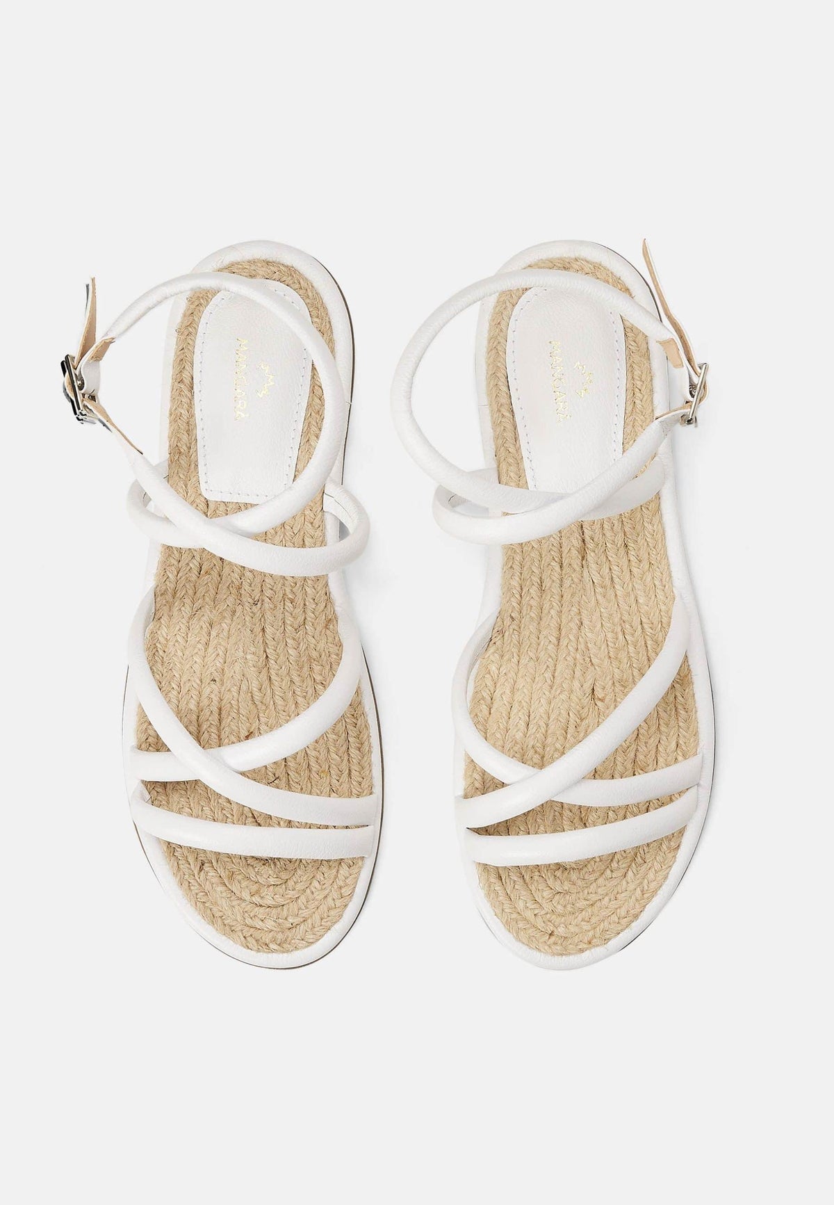 Angico White Leather Strappy Sandals – Flat, Raffia Footbed
