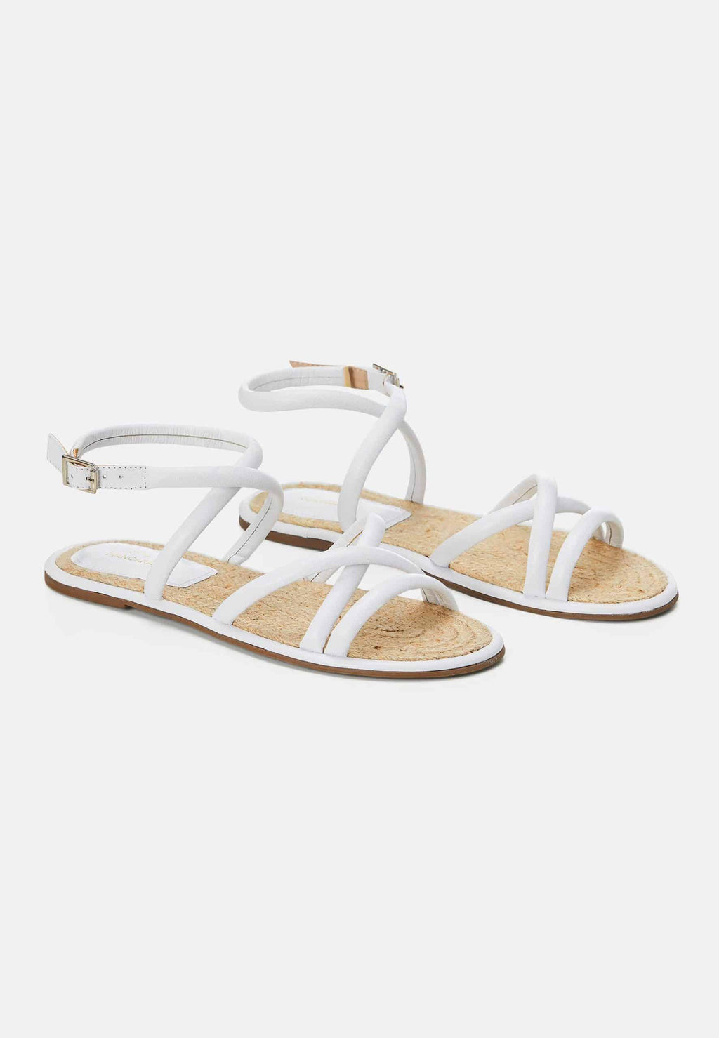 Angico White Leather Strappy Sandals – Flat, Raffia Footbed