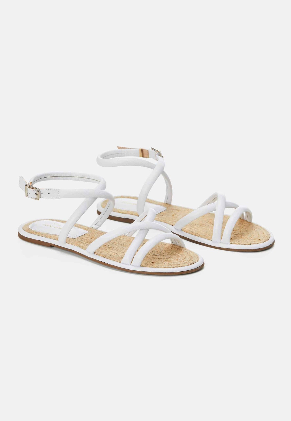 Angico White Leather Strappy Sandals – Flat, Raffia Footbed