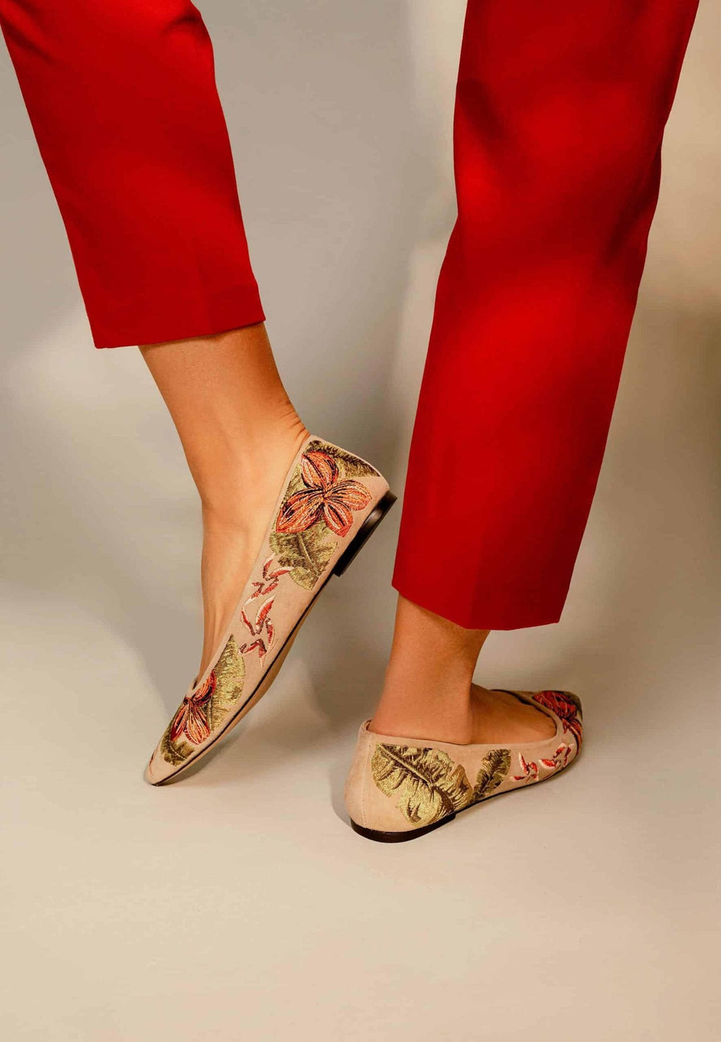 Pindaiva Red Suede Embroidered Ballerinas