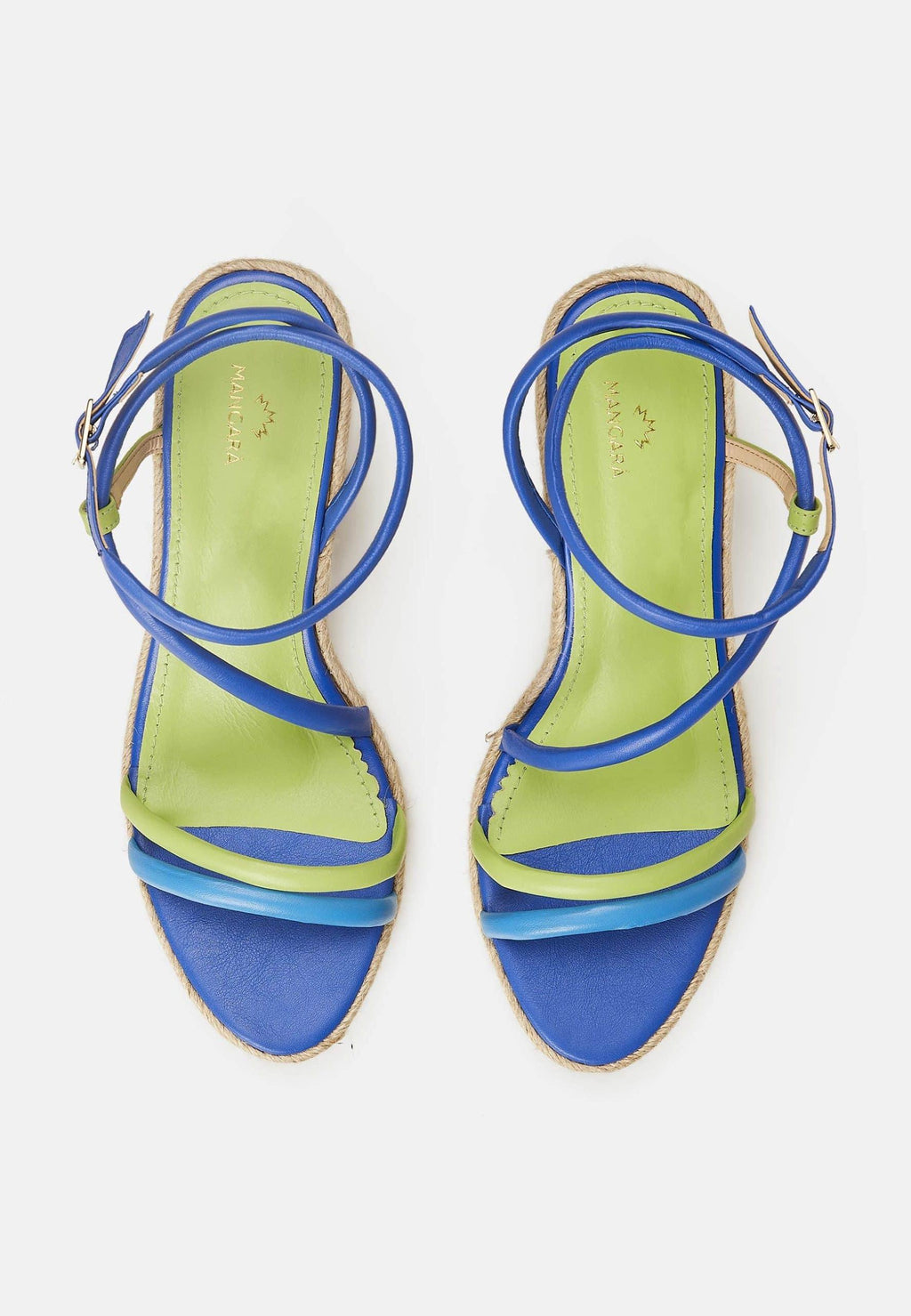 Romã Blue Leather Espadrille Wedges – Jute Platform