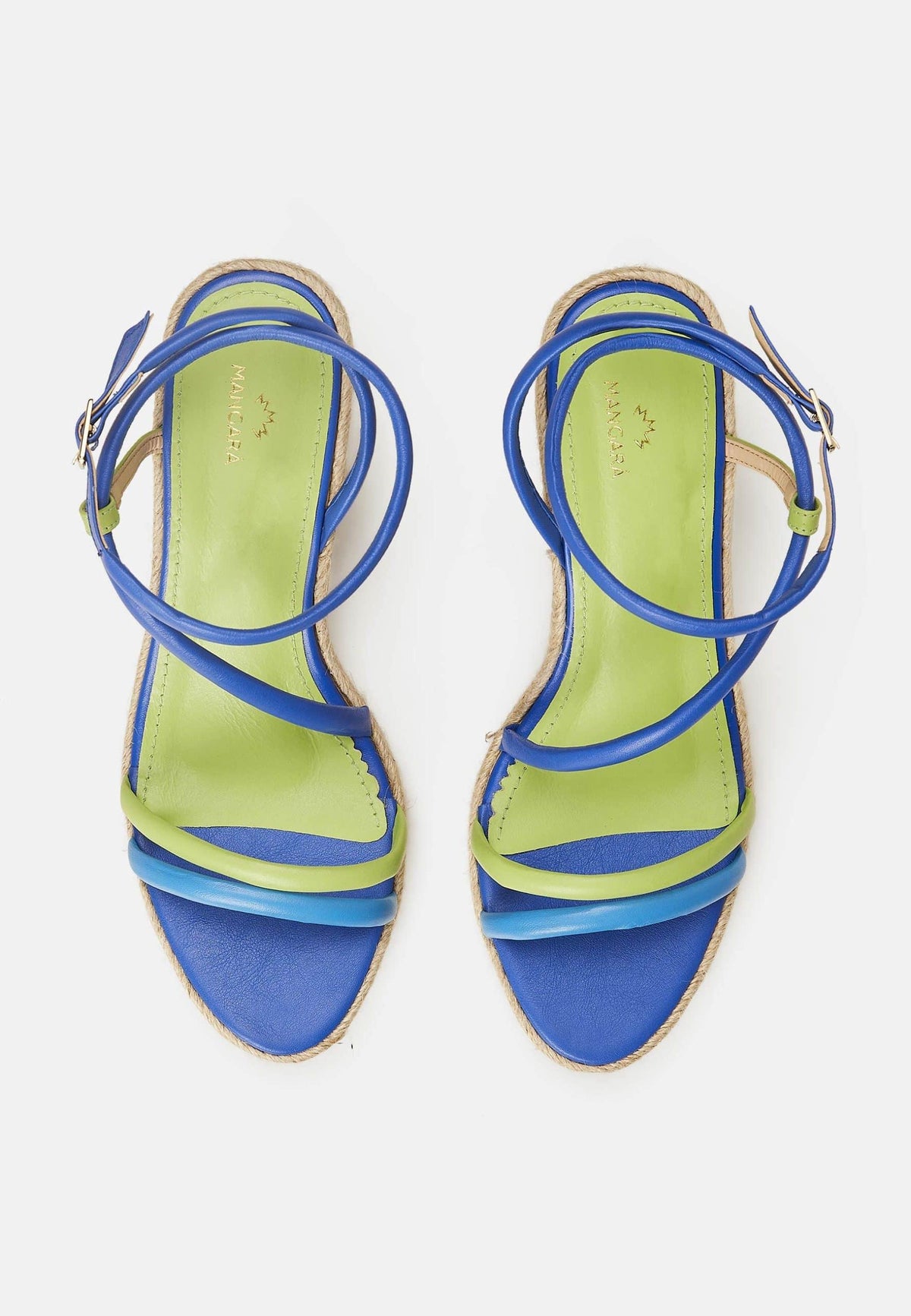 Romã Blue Leather Espadrille Wedges – Jute Platform