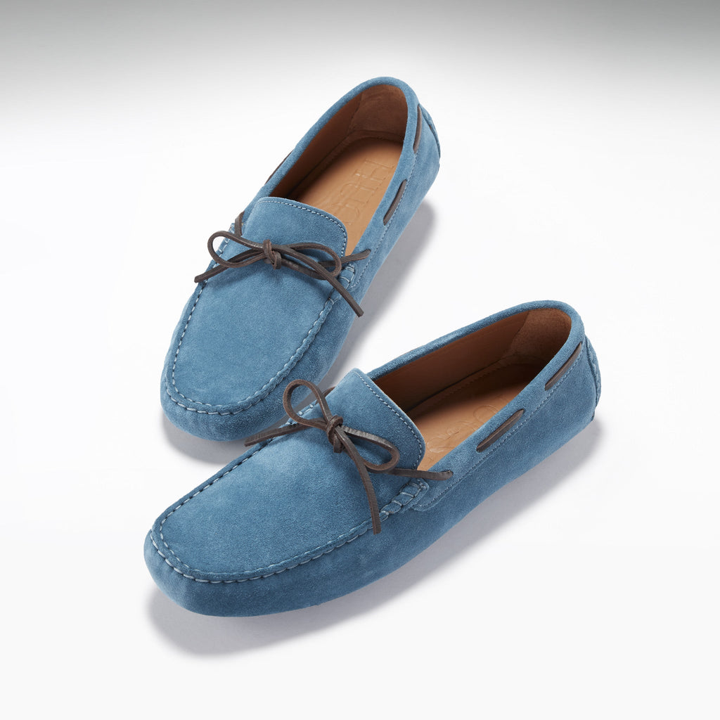Mocasines de conducción con cordones, ante azul petróleo