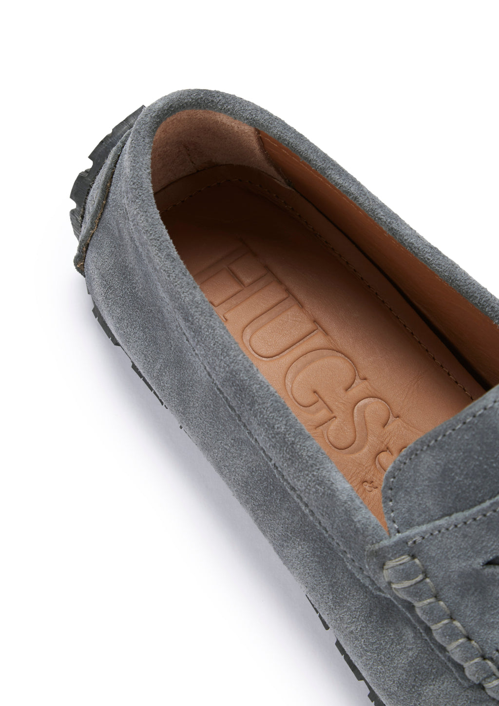 Mocasines de conducción tipo penny con suela de neumático, ante gris pizarra