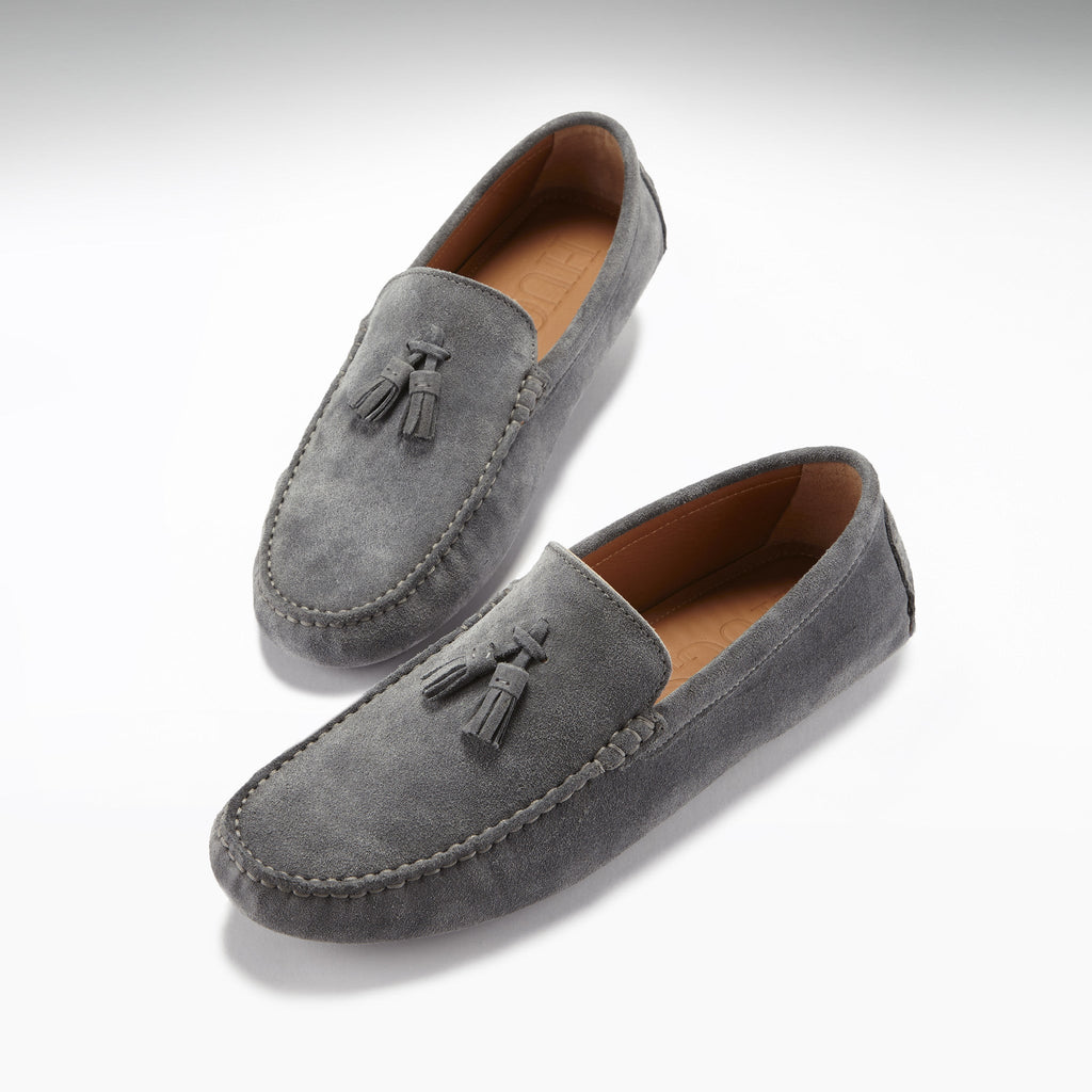 Mocasines de conducción con borlas, ante gris pizarra