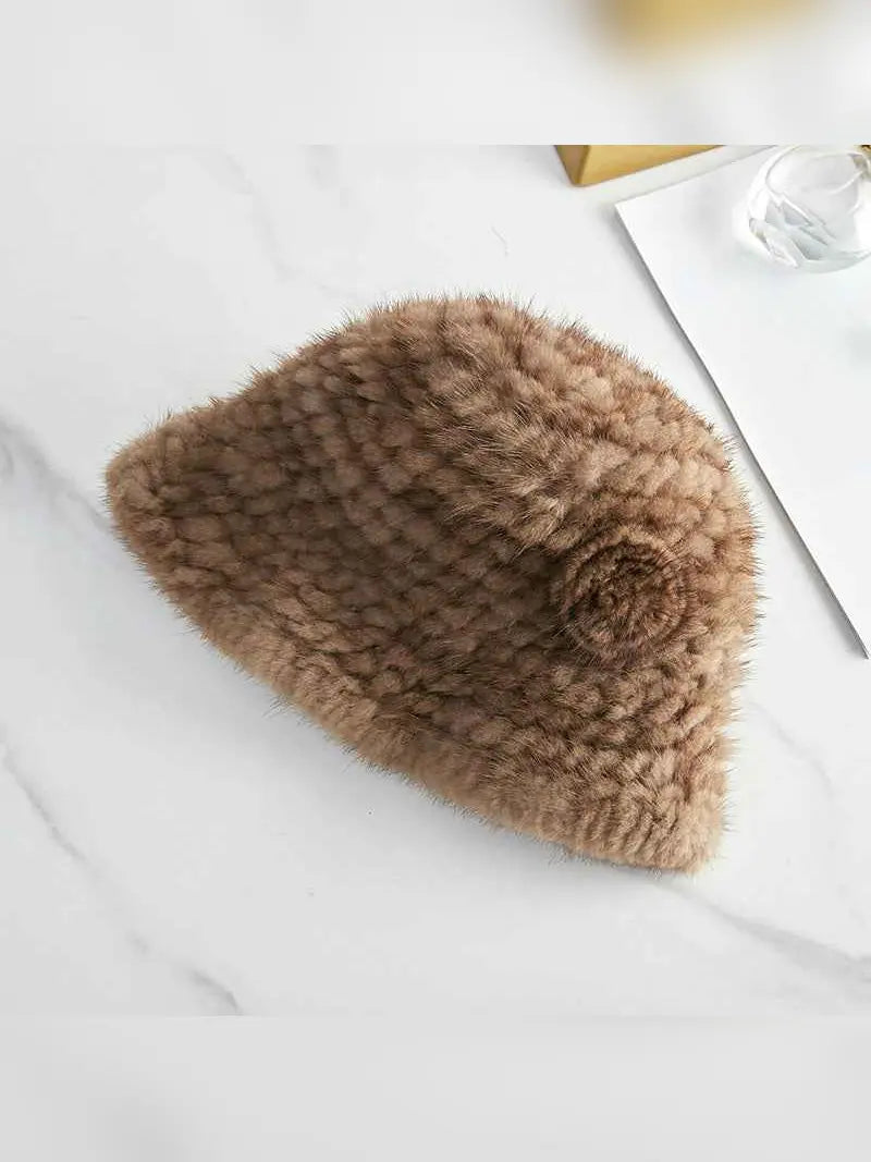 Mink Woven Fur Hat Women's Camellia Flower Bucket Hat